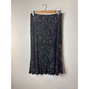 Womens Petite M Choices Midi Skirt Black Floral A-Line Stretch Elegant Boho